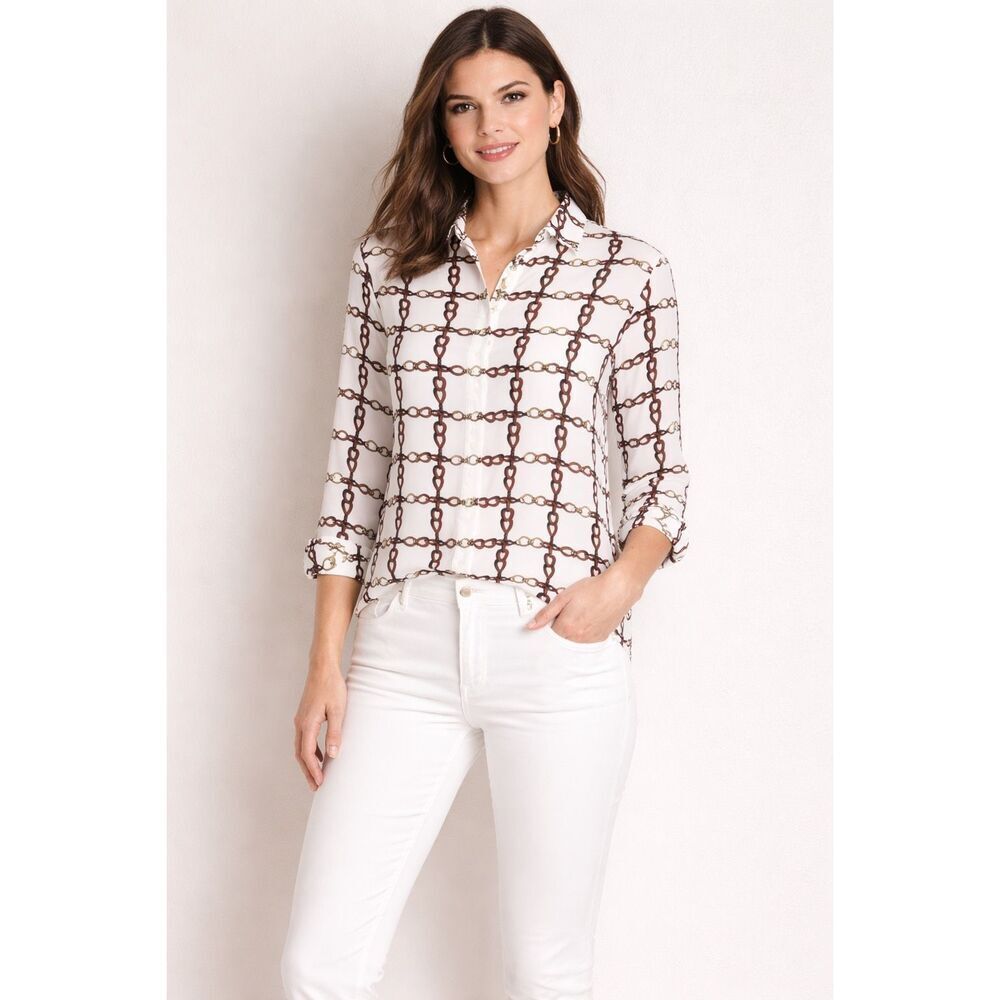 Talbots Petite Chain Print Blouse LP Women Button Front Top
